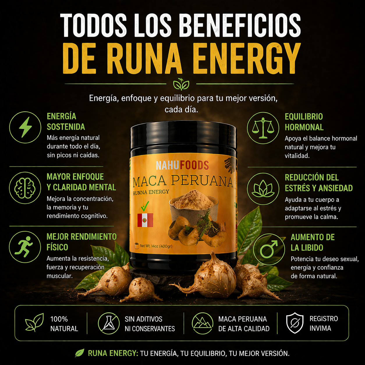 Maca Peruana de Alta Pureza - Vitalidad Esencial Runa Energy